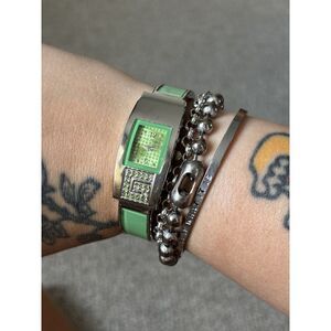 Y2K Womens Green Silver Rhinestone Saisse Ralph Cuff Wristwatch WORKS